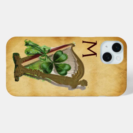 GREEN SHAMROCK HARP PARCHMENT MONOGRAM Case-Mate iPhone CASE (Achterkant (horizontaal))