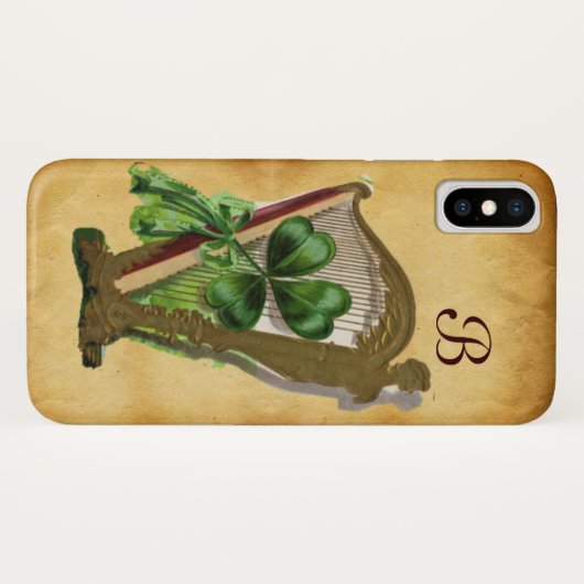 GREEN SHAMROCK HARP PARCHMENT MONOGRAM Case-Mate iPhone CASE (Achterkant (horizontaal))