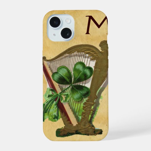 GREEN SHAMROCK HARP PARCHMENT MONOGRAM iPhone 15 HOESJE (Achterkant)