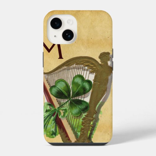 GREEN SHAMROCK HARP PARCHMENT MONOGRAM iPhone HOESJE (Achterkant)