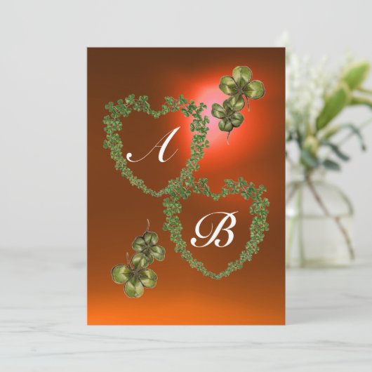 GREEN SHAMROCK HEARTS MONOGRAM oranje groen Aankondiging (Staand voorkant)