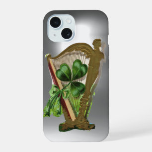 GREEN SHAMROCK IRISH HARP Grey White iPhone 15 Case