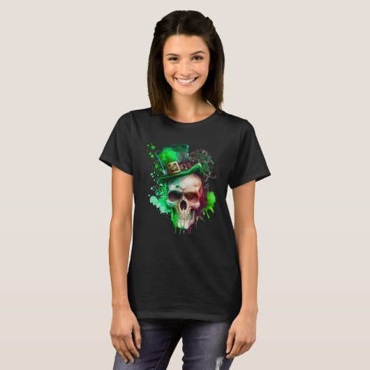 Green Shamrock Skull Irish Ireland St Patricks Day T-shirt (Voorkant volledig)