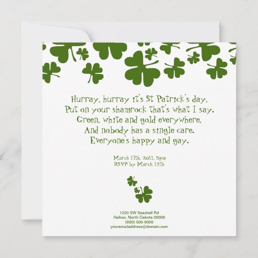Green Shamrocks St. Paddy's Day Invitation Kaart (Achterkant)