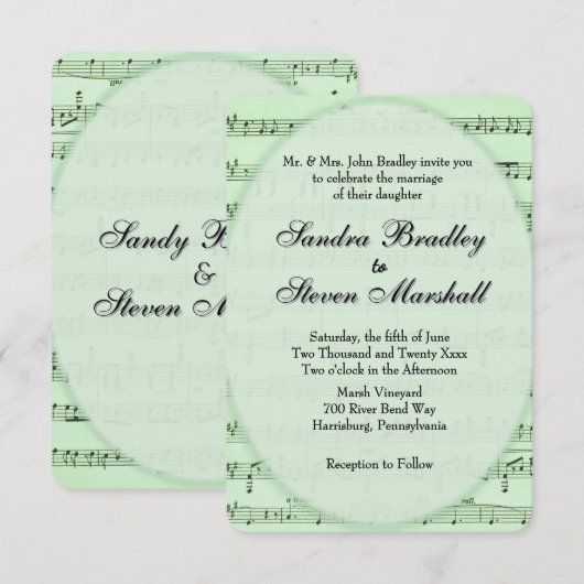 Green Sheet Music Theme Weddenschap Kaart (Voorkant / Achterkant)