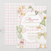 Green Silly Goose Pink Gingham Baby shower  Kaart (Voorkant / Achterkant)