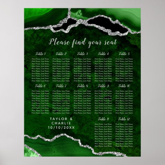 Green Silver Agate Wedding Seating Chart 12 Table Poster (Voorkant)