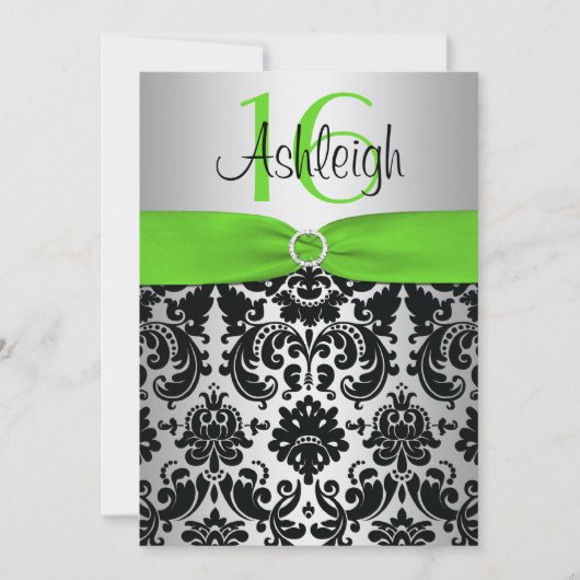 Green, Silver, Black Damask Sweet 16 Invitation Kaart (Voorkant)