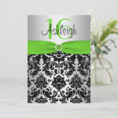 Green, Silver, Black Damask Sweet 16 Invitation Kaart (Staand voorkant)