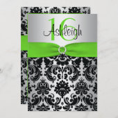 Green, Silver, Black Damask Sweet 16 Invitation Kaart (Voorkant / Achterkant)