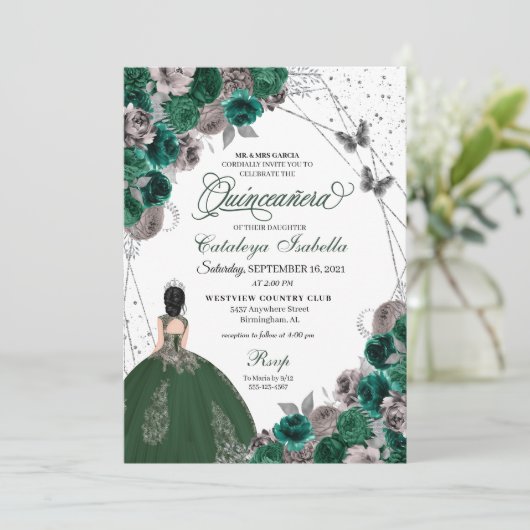Green Silver Butterfly Princess Quinceanera Kaart (Staand voorkant)