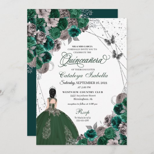 Green Silver Butterfly Princess Quinceanera Kaart (Voorkant / Achterkant)