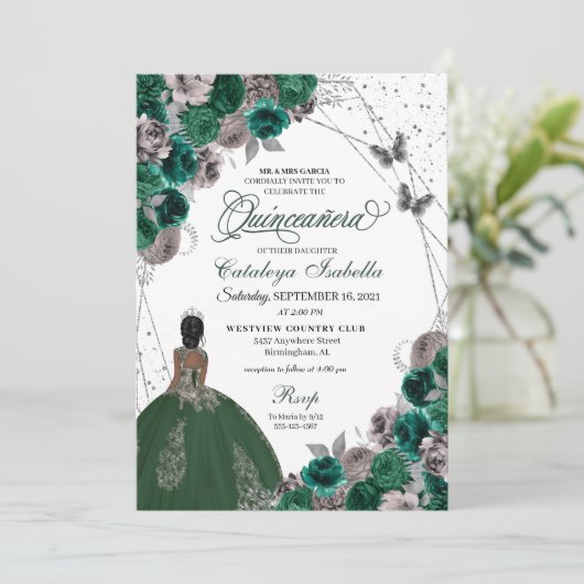 Green Silver Butterfly Princess Quinceanera Kaart (Staand voorkant)
