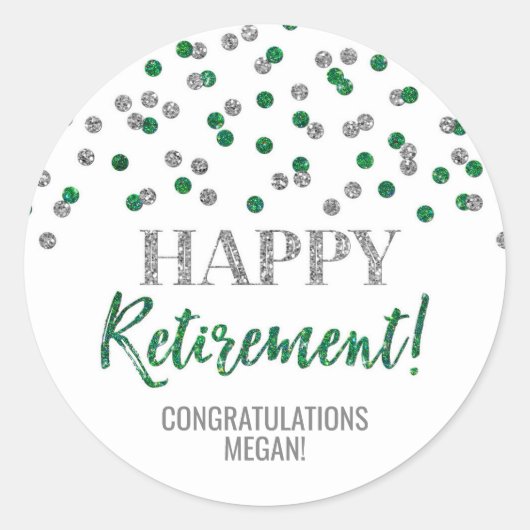 Green Silver Confetti Happy Retirement Ronde Sticker (Voorkant)