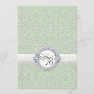 Green & Silver Diamonds & Lace, Sweet Sixteen 16 Kaart