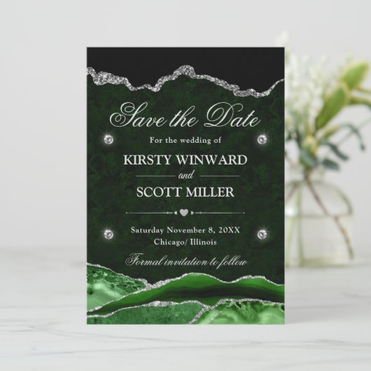 Green Silver Glitter Marble Agate Bewaar de datum Save The Date (Staand voorkant)