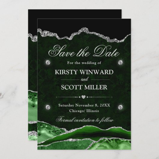 Green Silver Glitter Marble Agate Bewaar de datum Save The Date (Voorkant / Achterkant)