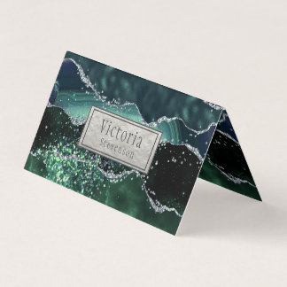 Green Silver Glitter Marble Geode Agate Folded Bus Visitekaartje