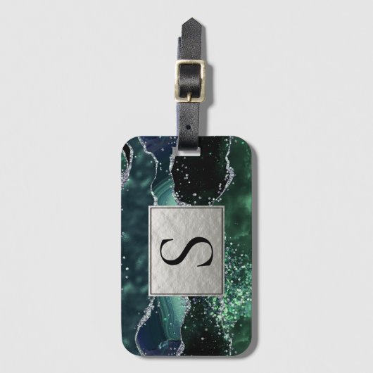 Green Silver Glitter Marble Geode Agate Monogram Bagagelabel (Voorkant (verticaal))
