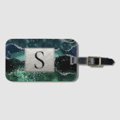 Green Silver Glitter Marble Geode Agate Monogram Bagagelabel (Voorkant (horizontaal))