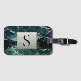 Green Silver Glitter Marble Geode Agate Monogram Bagagelabel