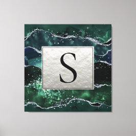 Green Silver Glitter Marble Geode Agate Monogram Canvas Afdruk