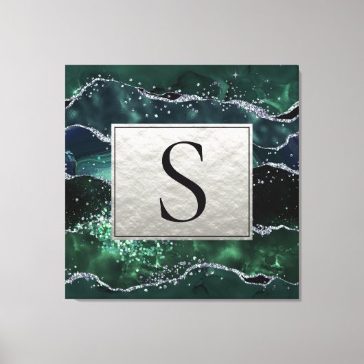 Green Silver Glitter Marble Geode Agate Monogram Canvas Afdruk (Voorkant)
