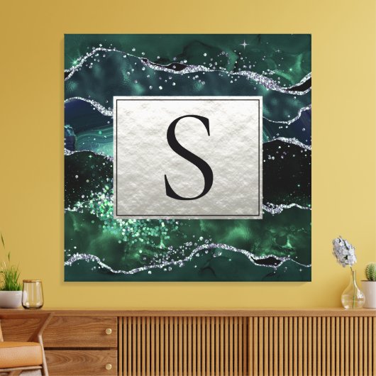 Green Silver Glitter Marble Geode Agate Monogram Canvas Afdruk (Insitu (Woonkamer))