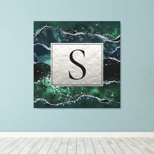 Green Silver Glitter Marble Geode Agate Monogram Canvas Afdruk (Insitu (Houten vloer))