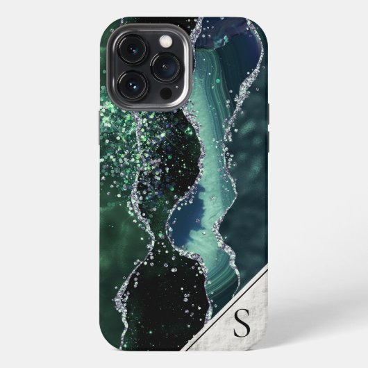 Green Silver Glitter Marble Geode Agate Monogram iPhone Hoesje (Achterkant)