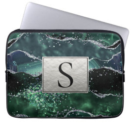 Green Silver Glitter Marble Geode Agate Monogram Laptop Sleeve