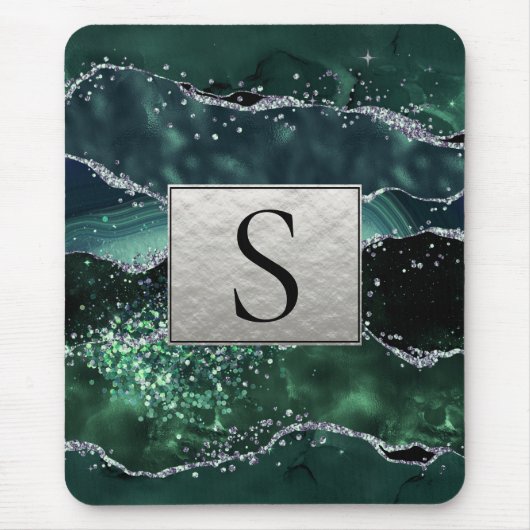 Green Silver Glitter Marble Geode Agate Monogram Muismat (Voorkant)