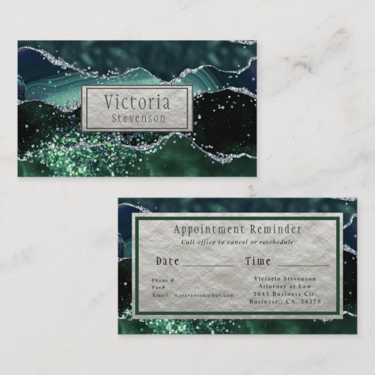 Green Silver Glitter Marble Geode Appointment Card Afsprakenkaartje (Voorkant / Achterkant)