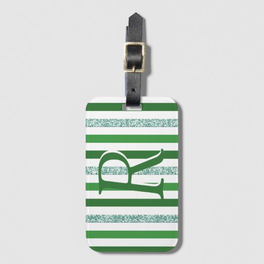 Green Silver Glitter Stripes Monogramed Custom Bagagelabel (Voorkant (verticaal))