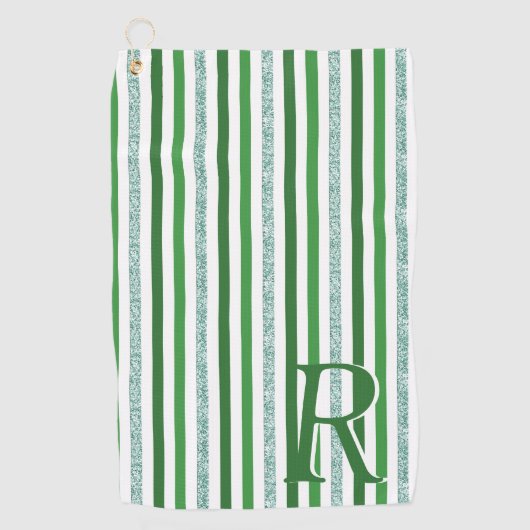 Green Silver Glitter Stripes Monogramed Custom Golfhanddoek (Voorkant)