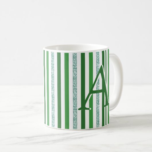 Green Silver Glitter Stripes Monogramed Custom Koffiemok (Voorkant rechts)