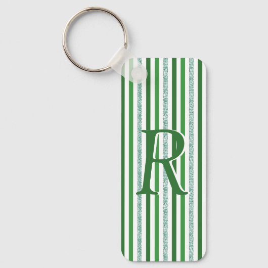 Green Silver Glitter Stripes Monogramed Custom Sleutelhanger (Voorkant)
