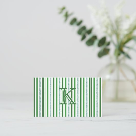 Green Silver Glitter Stripes Monogramed Custom Visitekaartje (Staand voorkant)