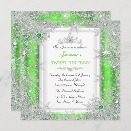 Green Silver Winter Wonderland Sweet 16 Snowflake Kaart (Voorkant / Achterkant)
