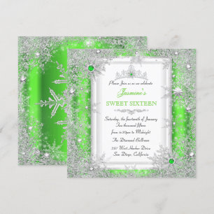 Green Silver Winter Wonderland Sweet 16 Snowflake Kaart