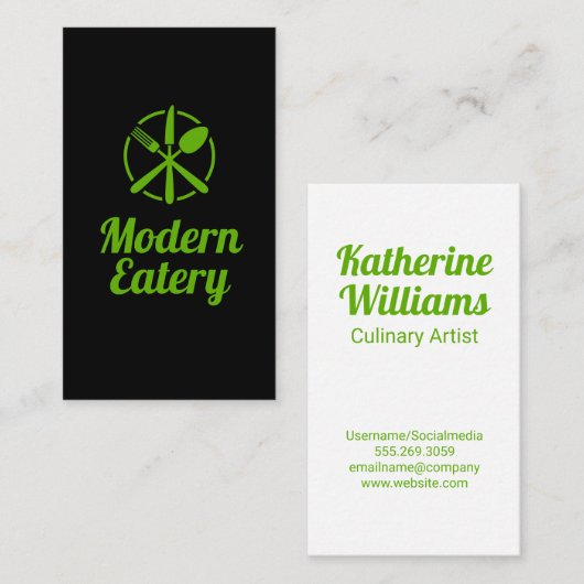 Green Silverware Modern Restaurant Logo Visitekaartje (Voorkant / Achterkant)