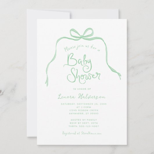 Green Simple Bow Baby shower Invitation Kaart (Voorkant)