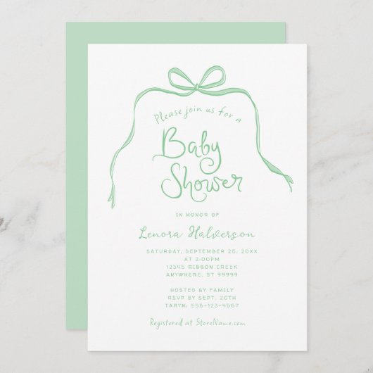 Green Simple Bow Baby shower Invitation Kaart (Voorkant / Achterkant)