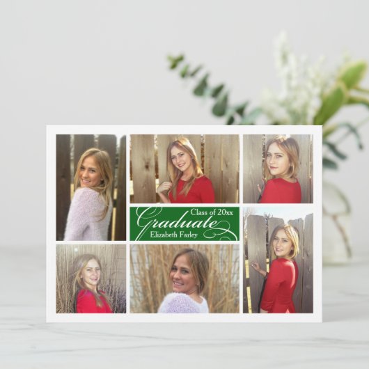 Green Six Photo Collage Custom Afstuderen Kaart (Staand voorkant)
