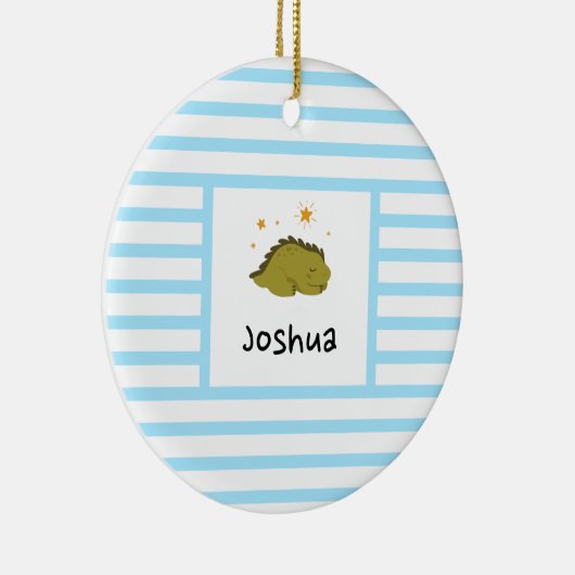 Green Sleepy Baby Dino | Baby Blue Stripe Modern Keramisch Ornament (Rechts)