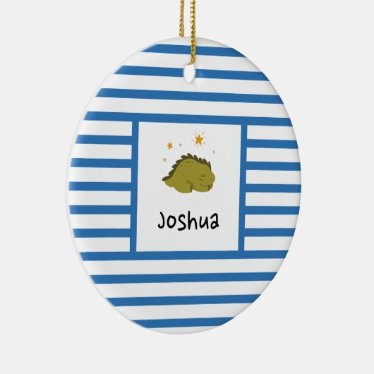 Green Sleepy Baby Dino | Navy Blue Stripe Modern Keramisch Ornament (Rechts)