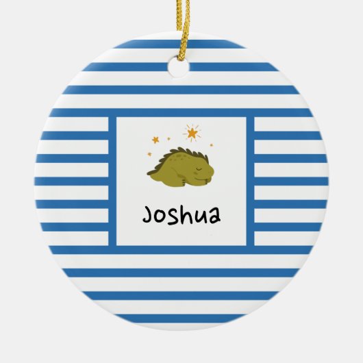 Green Sleepy Baby Dino | Navy Blue Stripe Modern Keramisch Ornament (Voorkant)