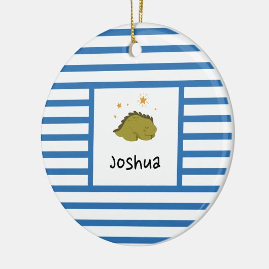 Green Sleepy Baby Dino | Navy Blue Stripe Modern Keramisch Ornament (Links)