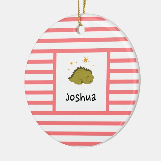 Green Sleepy Baby Dino | Rode streep Modern Keramisch Ornament (Links)