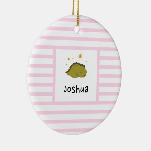 Green Sleepy Baby Dino | Roze band Modern Keramisch Ornament (Rechts)